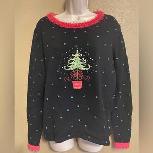 Festive Mandal Bay Black Sweater Christmas Tree Bead Sequins Women Size Medium